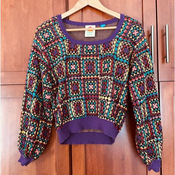 Farm Rio for Anthropologie Sweater Granny Square Pattern Size XS - Picture 3 of 10